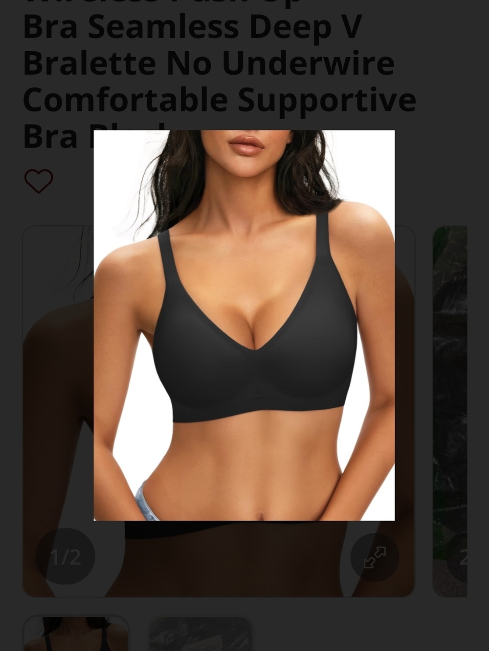 Niasoul Black Wireless Push-Up Bra Size XL Seamless Deep V